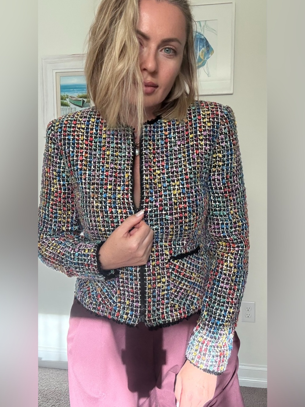 Vintage Anthracite Tweed Jacket Women Size 6 Multicolor Chanel Style Blazer - Picture 4 of 12